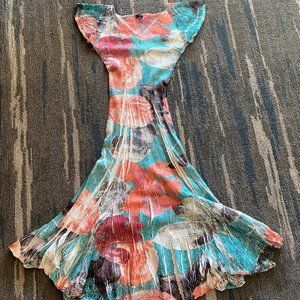 KOMAROV Flutter Sleeve Print Midi Dress Small